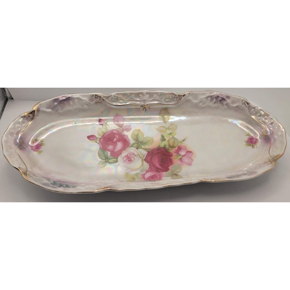 BT Co. Oval Dish Germany Porcelain Trinket Condiment Bowl Rose Pink Teal Cottage